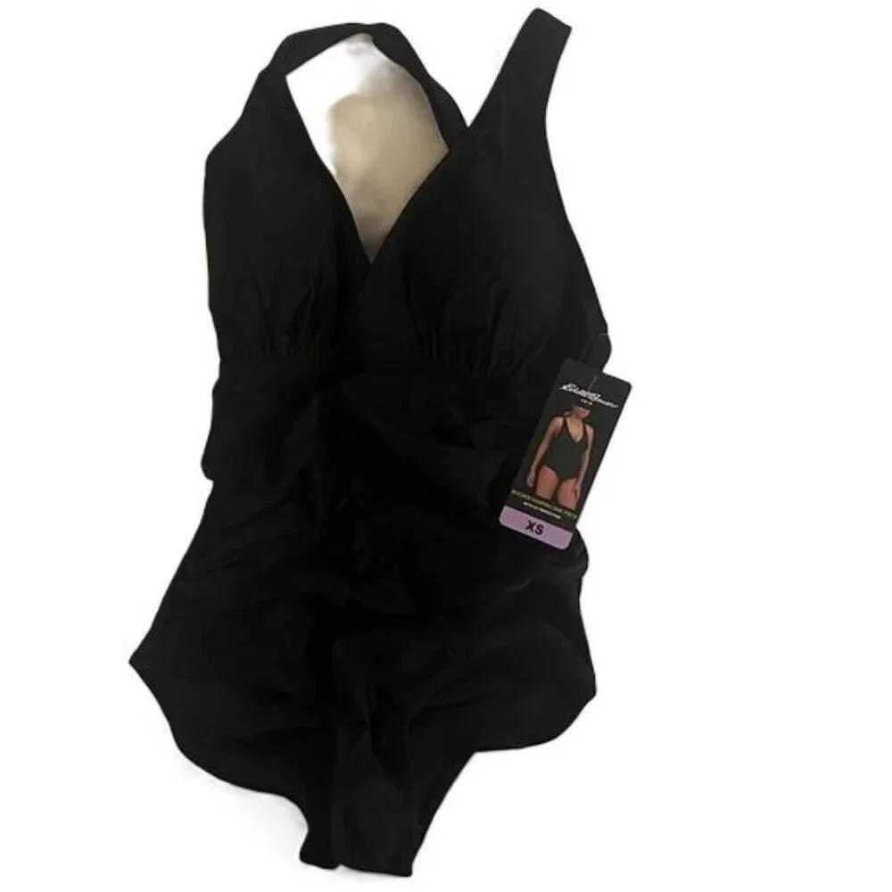 Eddie Bauer Ruched Shaping One Piece Swimsuit Black Women's XS UV Protection